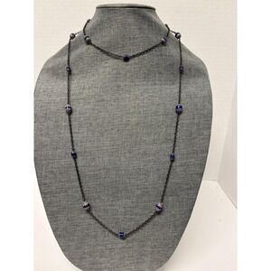 Vintage Blue Chevron African Trade Bead Opera Chain Necklace 51"